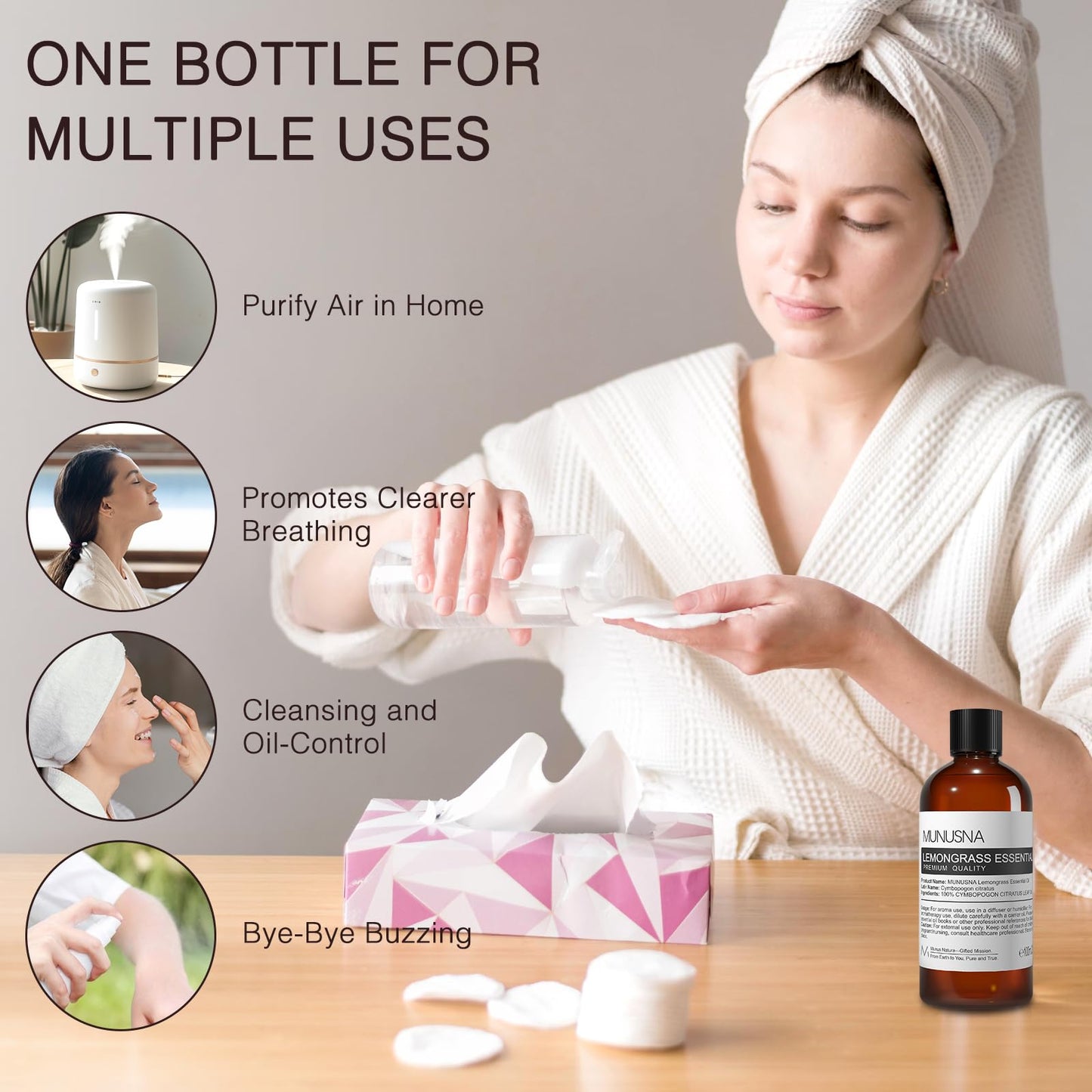MUNUSNA Lemongrass Essential Oil, 100% Natural & Pure Lemongrass Oil 100ML, Premium Grade Essential Oils Aromatherapy Scented Oils for Diffusers, Home Care, Skin, Laundry, Spray, Candle Soap Making