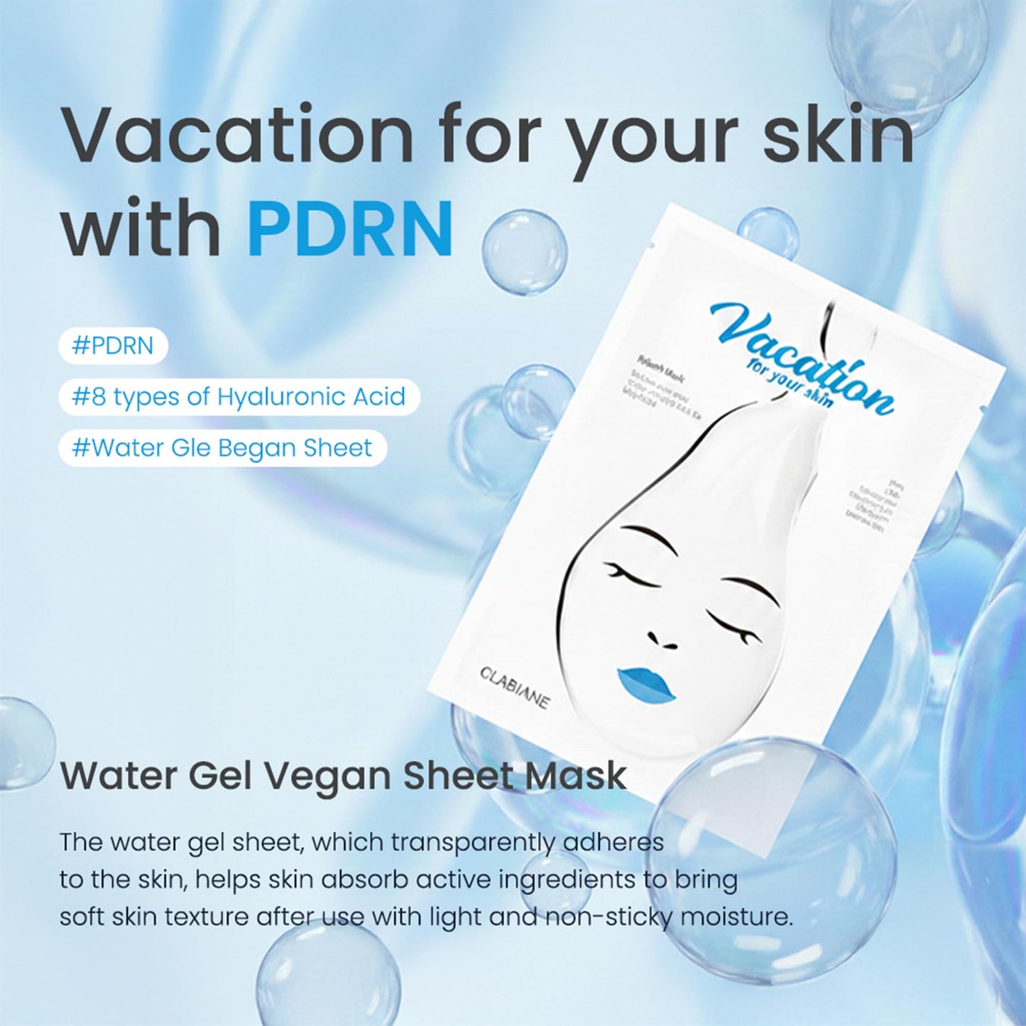 CLABIANE Vacation for Your Skin PDRN Vegan Sheet Mask Pack, 5 Sheets 100% Biodegradable Cellulose Hydrogel, Hydrating & Soothing Face Mask for Moisture, Nutrition, Relaxing Fresh Scent Korean Skincare