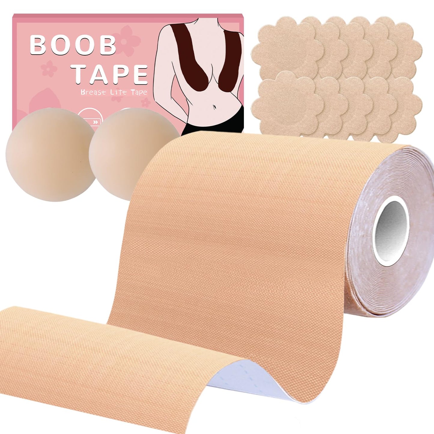 BEWTEIM Boobytape for Breast Lift Plus Size, XL Boob Tapes 5 inch Wide D-G Cup, Invisble Breast Tape Lifting Large Breast with 2 Reusable Nipple Covers 10 Satin Nipple Pasties Cream