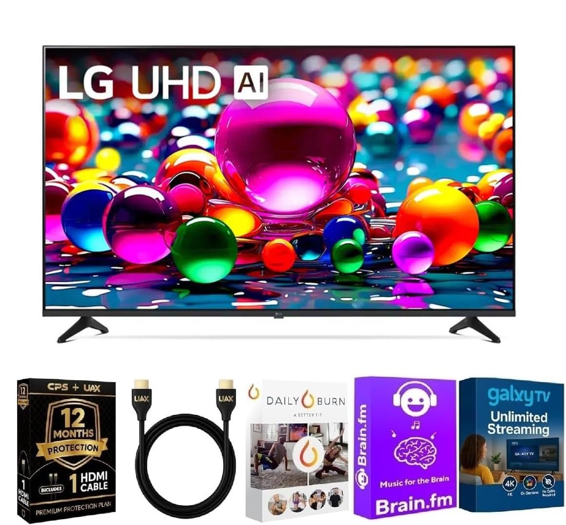 LG 55 Inch Class UA77 Series LED AI 4K Smart webOS TV (2025 Model) + HDMI Cable + 12 Month CPS Warranty + Streaming Bundle – HDR10, ThinQ AI, Wi-Fi 6, Voice Control, Slim Design (55 inch)