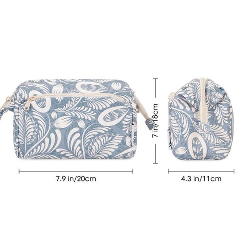 Narwey Large Women Makeup Bag Wide-open Make up Bag Travel Cosmetic Organizer Toiletry Bag for Cosmetics Toiletries Accessories (Blue Leaf)