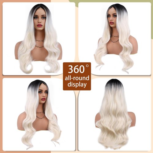 TOZIKA Long Platinum Blonde Wigs for Women White Wig 26inch Wavy Curly Middle Part Lace Wig Upgraded Protein Fiber Hair Replacement Wig Cosplay Costume Halloween Wig