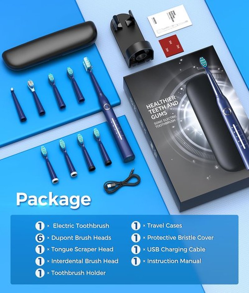 TEETHEORY Electric Toothbrush with Travel Case, Sonic Toothbrush for Adults with 8 Brush Heads for 2-Year Use, 40000 VPM Deep Clean Rechargeable Toothbrushes Last 30 Days with 5 Mode (Deepblue)