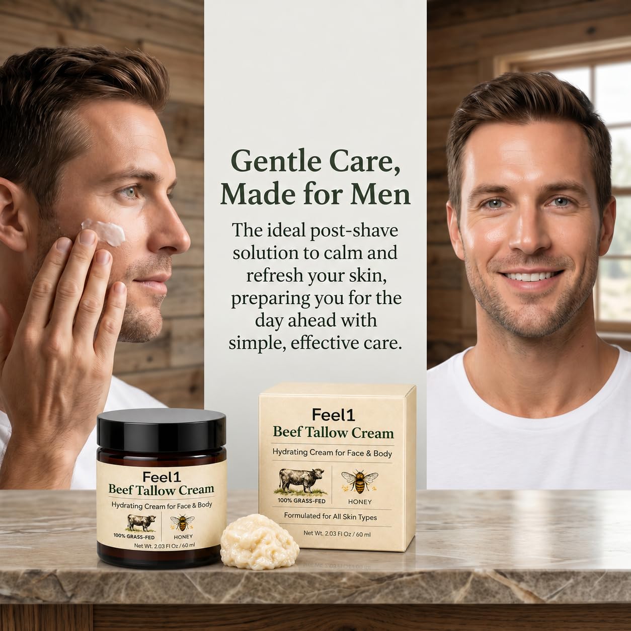 Feel1 Beef Tallow Cream for Men, with Jojoba Oil, Shea Butter & Honey, Nourishing Skin Barrier Support for Face & Skin, Lightweight Non-Greasy Daily Care, 2 Fl Oz