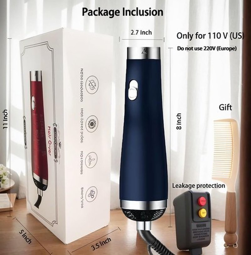 Travel Hair Dryer- 1800W High-Speed Brushless Motor Negative Ionic Blow Dryer for Fast Drying, Low Noise Thermo-Control Hair Dryers with Comb for Salon, Home and Travel (Blue)