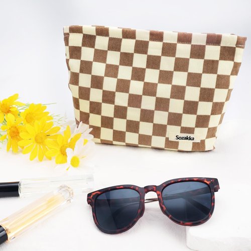 ZLFSRQ Checkered Makeup Bag for Women Girls Large Capacity Brown Corduroy Travel Cosmetic Bag Set Makeup Pouch for Purse Zipper Toiletry Organizer Cute Y2K Aesthetic Trendy Makeup Brushes Storage Bag
