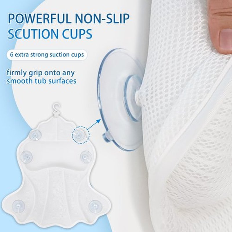 Poemland Bath Pillow for Tub, Luxury Bath Pillow Soft 4d Mesh, Bathtub Pillow for Soaking tub with 6 suctions Cups, Bath Tub Pillows for Head and Neck Support, for Relaxing Spa (White)