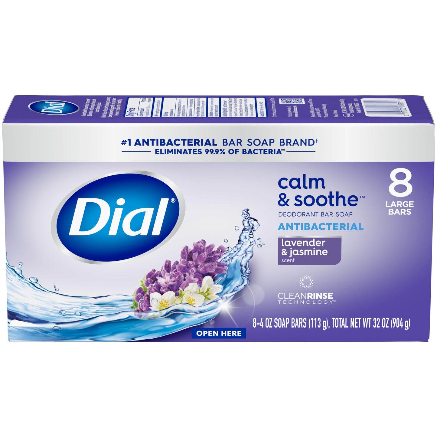 Dial Antibacterial Deodorant Bar Soap, Calm & Soothe Lavender & Twilight Jasmine Scent, 4 Oz, 32 Bars, Dermatologist Tested, With Clean Rinse Technology