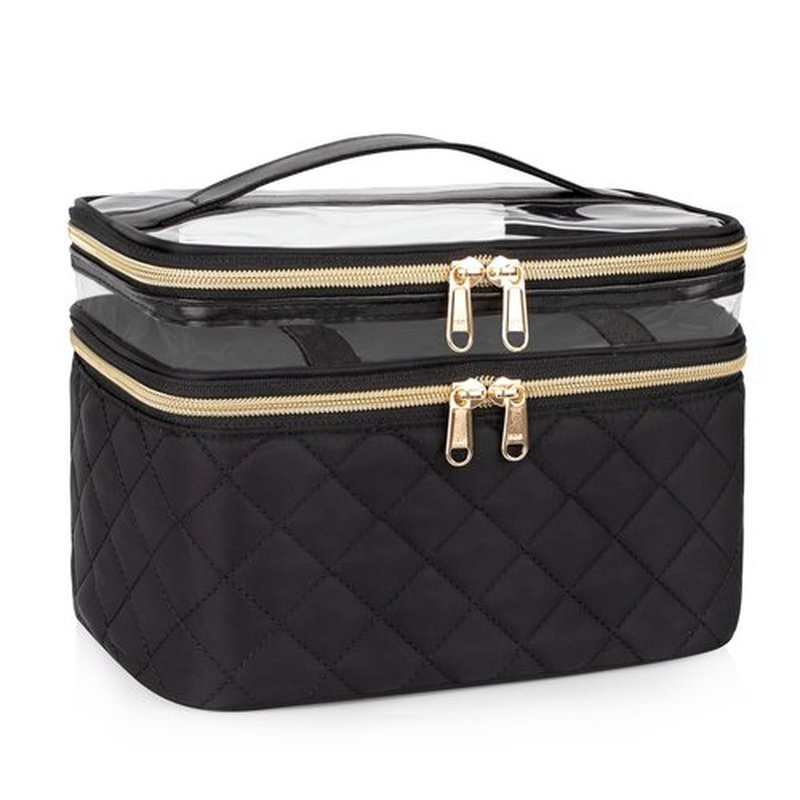 OCHEAL Makeup Bag, Double layer Cosmetic Cases Travel Makeup Organizer Toiletry Bags Large Make Up Bag For Women Girls with Adjustable Dividers and Brush Organize Area -Black Rhombus