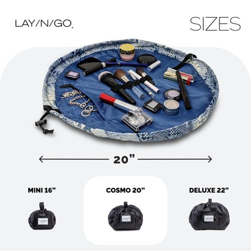 Lay-n-Go Cosmo Drawstring Cosmetic & Makeup Bag Organizer - Portable Drawstring Makeup Bag w/Zipper Pocket, Makeup Loops & More - Durable, Machine Washable Makeup Bag for Travel (20”, Blue Snakeskin)