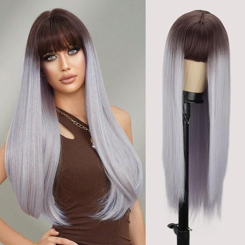 MISSQUEEN Long Straight Brown Omber Grey Wig Brown Omber Grey Blue Wigs with Bangs Natural-Looking Heat-Resistant Synthetic Wigs for Women Girls Daily Party Cosplay Travel Used