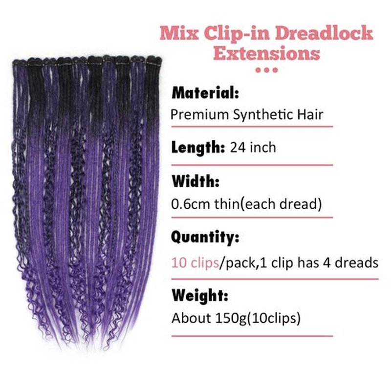 24 Inch Clip in Dreadlock Hair Extensions 10Clips 40 Strands Mixed Synthetic Dreads Extensions for Women,Handmade Soft Straight Boho Wavy Dreads,1B/Purple