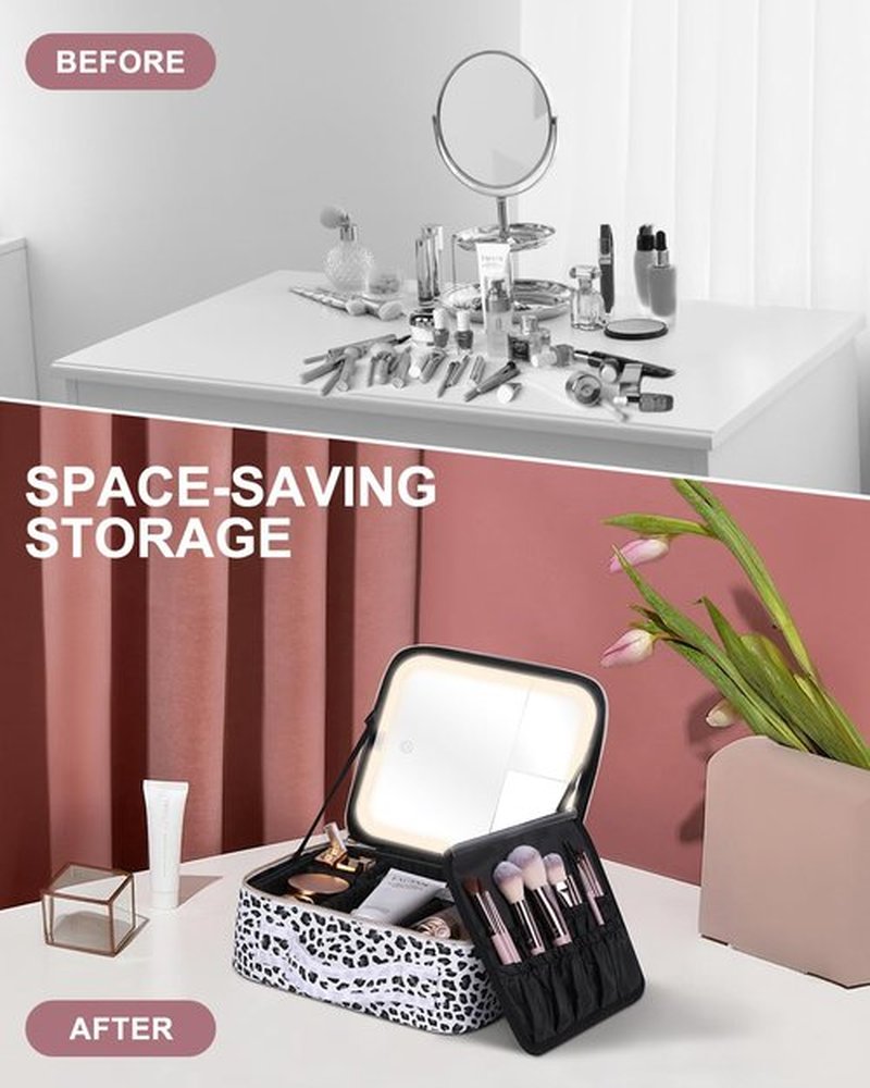 MAYFIY Makeup Bag with LED Mirror and Travel Makeup Train Case Cosmetic Organiser with 2X3X Magnifying Mirror and Separate Makeup Brush Panel, Portable Adjustable Divider Storage Bag, Leopard