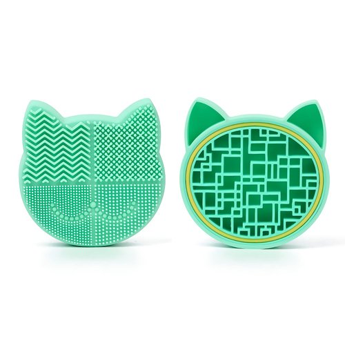 Silicon Makeup Brush Cleaner Mat with Brush Drying Holder Brush Cleaner Mat Portable Cat Shaped Cosmetic Brush Cleaner Pad cleaning mat manual make up brush cleaner cleanser machine(New Grass Green)
