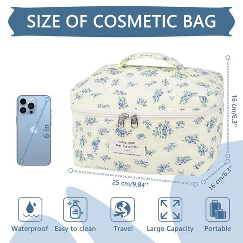 Large Travel Quilted Makeup Bag for Women,Big Floral Cotton Cosmetic Bag, Cute Coquette Aesthetic Floral Toiletry Organizer Bag (Blue Flower)