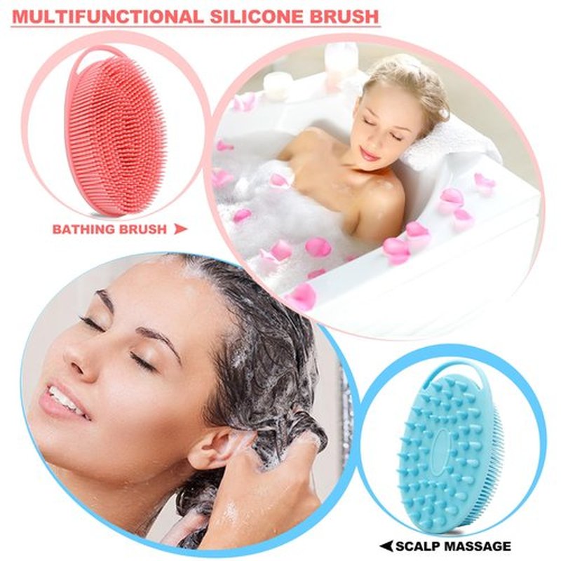2 Pack Silicone Body Scrubber, Silicone Loofah Double-Sided Body Brush,Silicone Shower Scrubber and Scalp Massager Shampoo Brush for Sensitive Kids Women Men All Kinds of Skin (Pink & Blue)