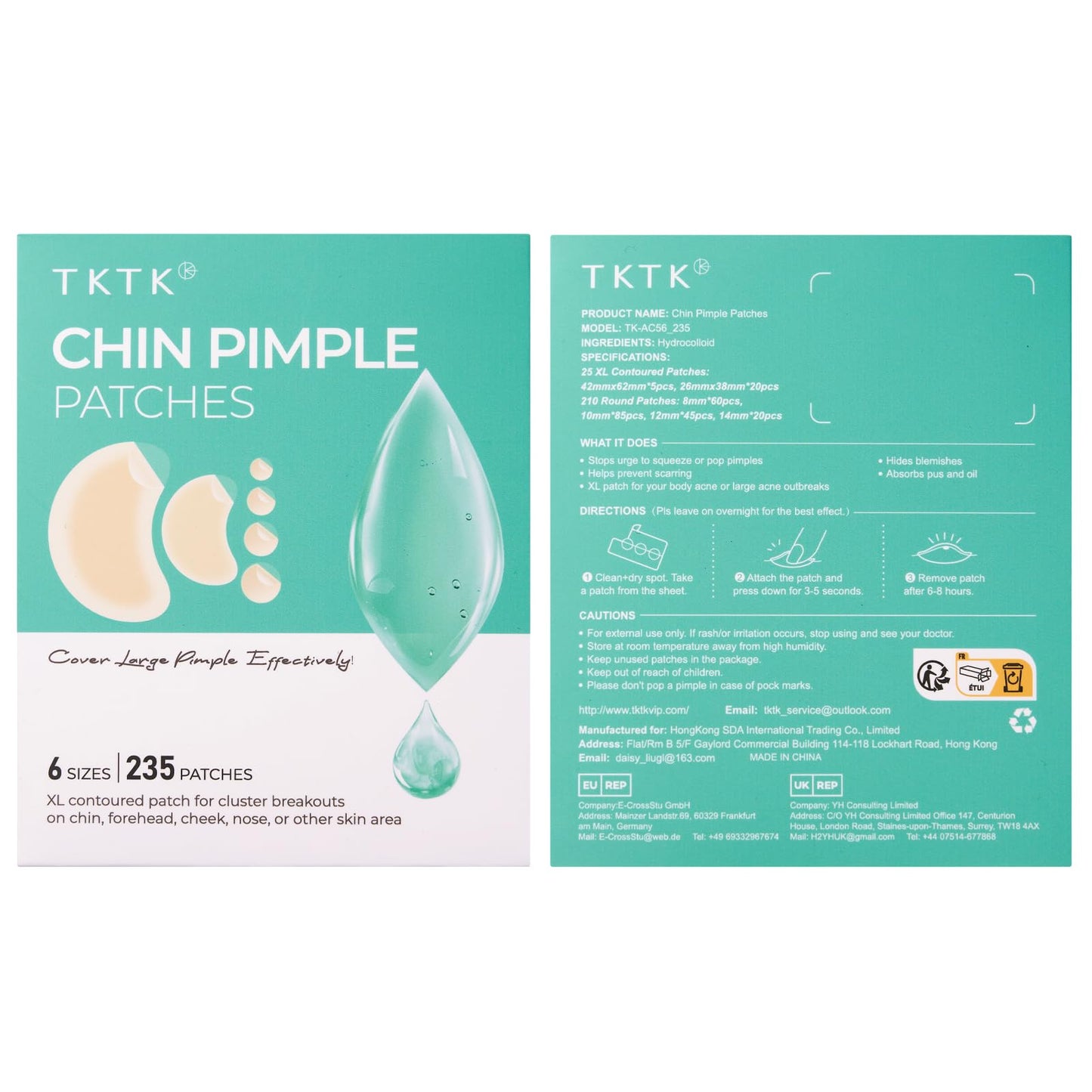 TKTK Chin Pimple Patches (235 Count 6 Sizes), XL Contoured Hydrocolloid Chin Patch 62x42 mm, Large Acne Patch for Face Blemishes Zit Breakouts, Maximum Absorption Overnight Stickers