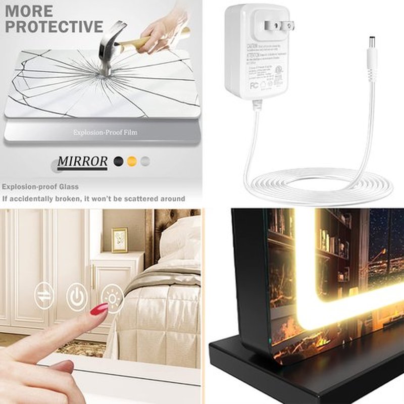 Gvnkvn Makeup Vanity Mirror with Lights - 24WX18.9L Large LED Lighted Mirror with 10X Magnification and USB Charging Port, Phone Holder, Smart Touch 3 Colors Dimmable, 360° Rotation Black,