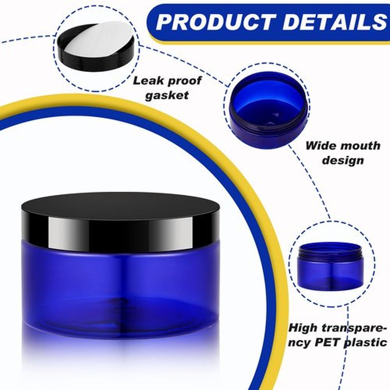 Dandat 24 Pcs Plastic Jars with Lid and Label PET Cosmetic Containers Leak Proof Empty Cosmetic Jars Refillable Storage Travel Jars for Lotion Cream Gel Powder Ointment(Blue with Black Lid,8 oz)