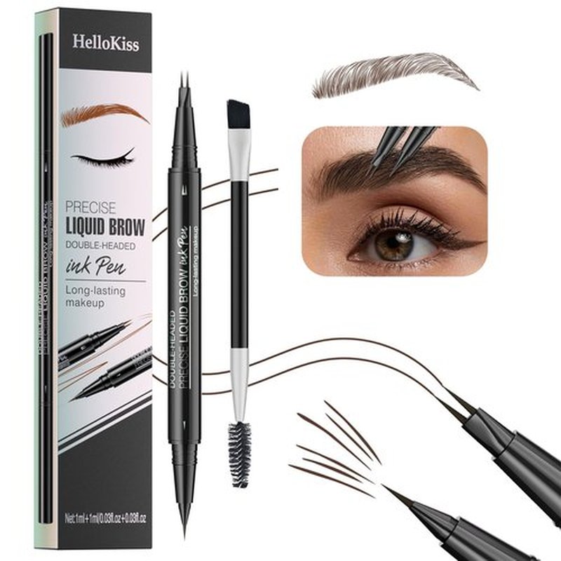 Hello Kiss Microblading Eyebrow Pen, Hello Kiss Liquid Eyebrow Pen, Curved Eyebrow Pen, Trailott Eyebrow Pen, Hellokiss Microblading Eyebrow Pen, Magical Curved Brow Pen (Dark Brown)