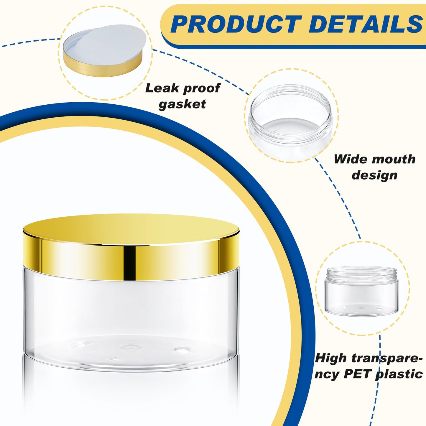 Dandat 24 Pcs 2/4/6/8/10/12oz Plastic Clear Jar Container with Gold Lid and Label, Empty Round PET Cosmetic Jars for Lotion, Cream, Body Butter, Sugar Scrub, Slime (8oz, Clear Jar with Gold Lid)
