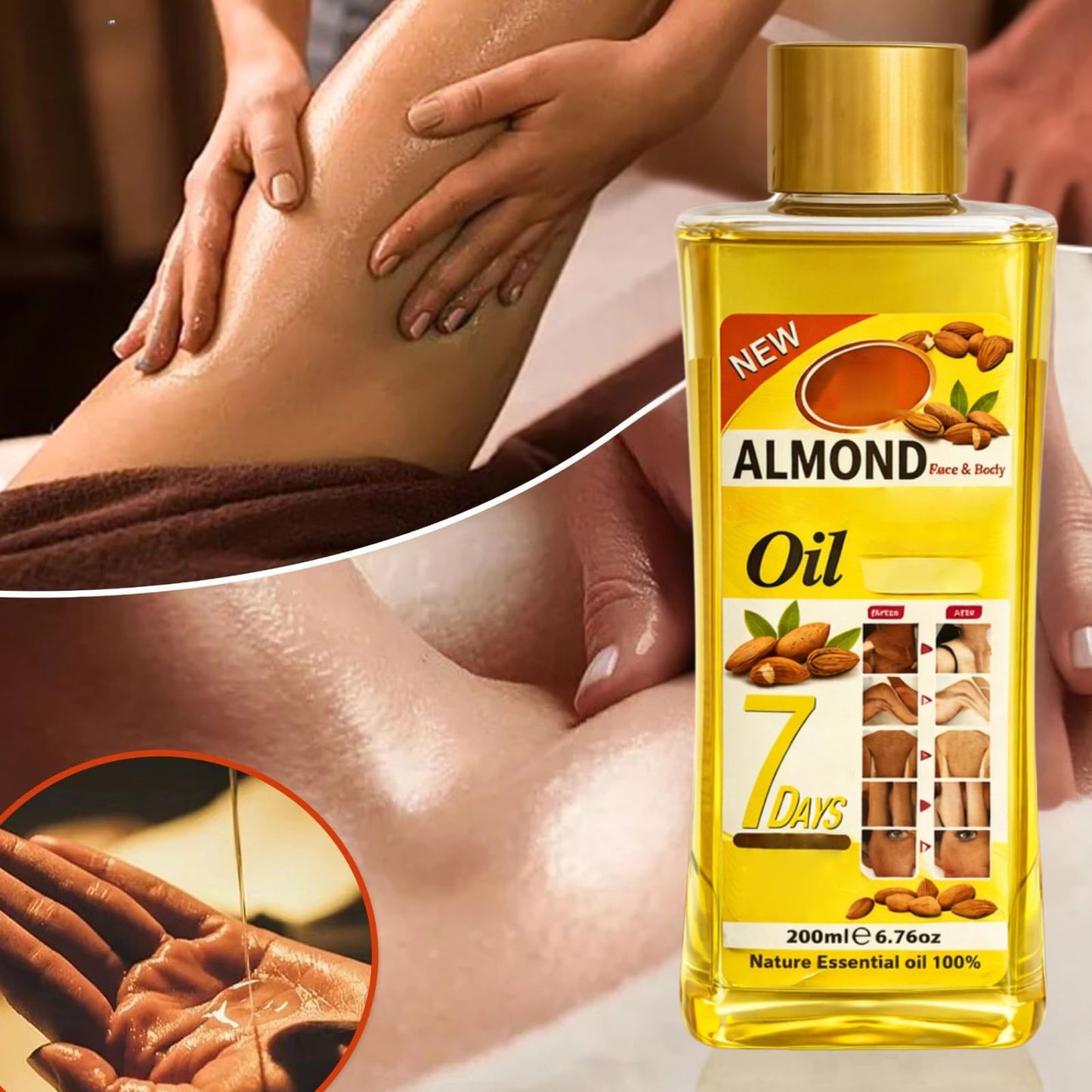 Almond Oil for Massage and Skin Moisturizing, Lightweight Hydrating Body Oil for Dry Skin, Spa Body Care Oil with Almond Extract, 200ml / 6.76 fl oz