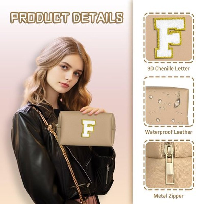 TOPEAST Initial Cosmetic Bag for women, Preppy Small Makeup Bag, PU Leather Waterproof Toiletry Bag, Monogrammed Birthday Gifts For Women, Stuff for girls (Khaki S)