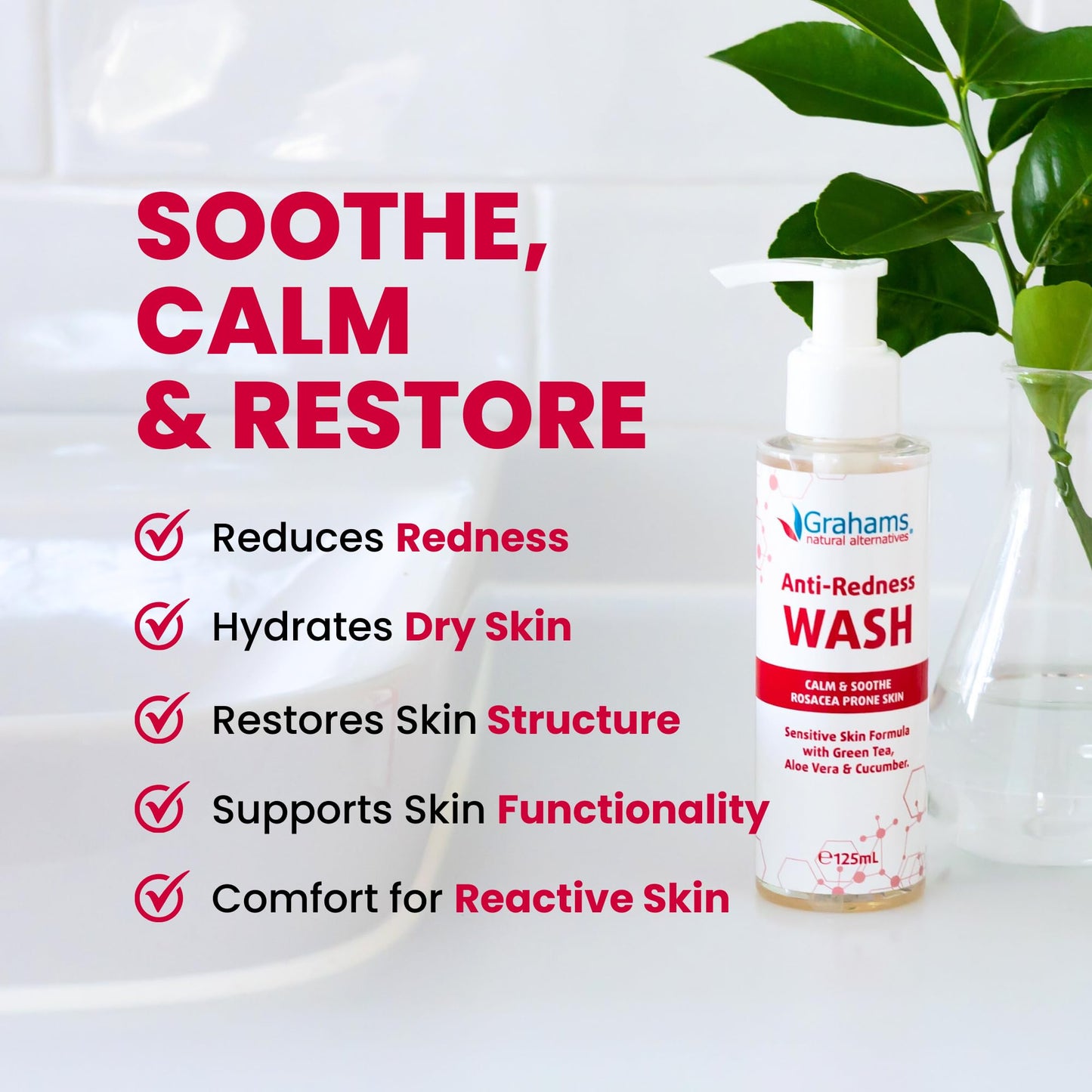 Grahams Natural Anti-Redness Face Wash for Rosacea – Gentle Facial Cleanser to Soothe and Calm Redness-Prone Skin With Green Tea, Aloe Vera and Cucumber | For Sensitive Skin (1 x 4.23 fl oz)