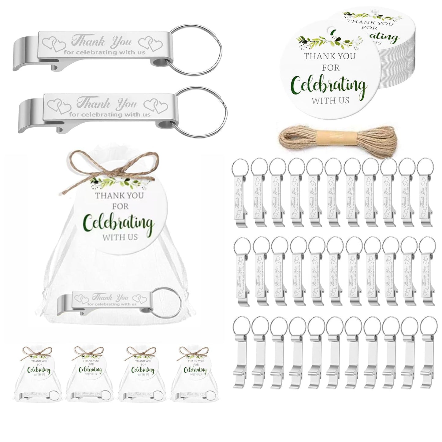 50 Sets Wedding Favors Beer Opener Keychain Thank You Cards Organza Bags and Jute Twine for Birthday Wedding Party Father Day Gifts (50)