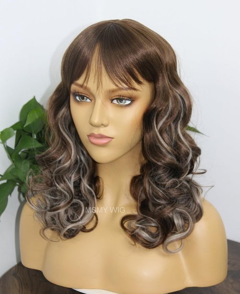 MSMYRNS Platinum Blonde Highlights Dark Brown Synthetic Wig With Bangs Glueless No Lace Fringe Unit Kinks Culry Heat Resistant Full Wig African Yaki Texture Girls Women Beauty Quick Wig