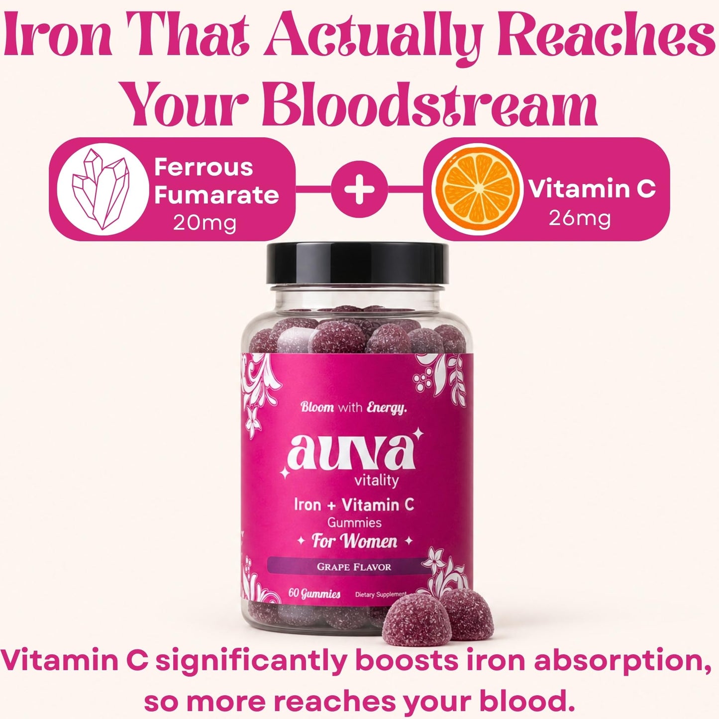 Auva Vitality Iron Gummies for Women — Non-Constipating | Ferrous Fumarate 20mg + Vitamin C | Energy, Anemia & Iron Deficiency Support | Hair Health, Menstrual & Menopause | Grape Flavor, 60 Count