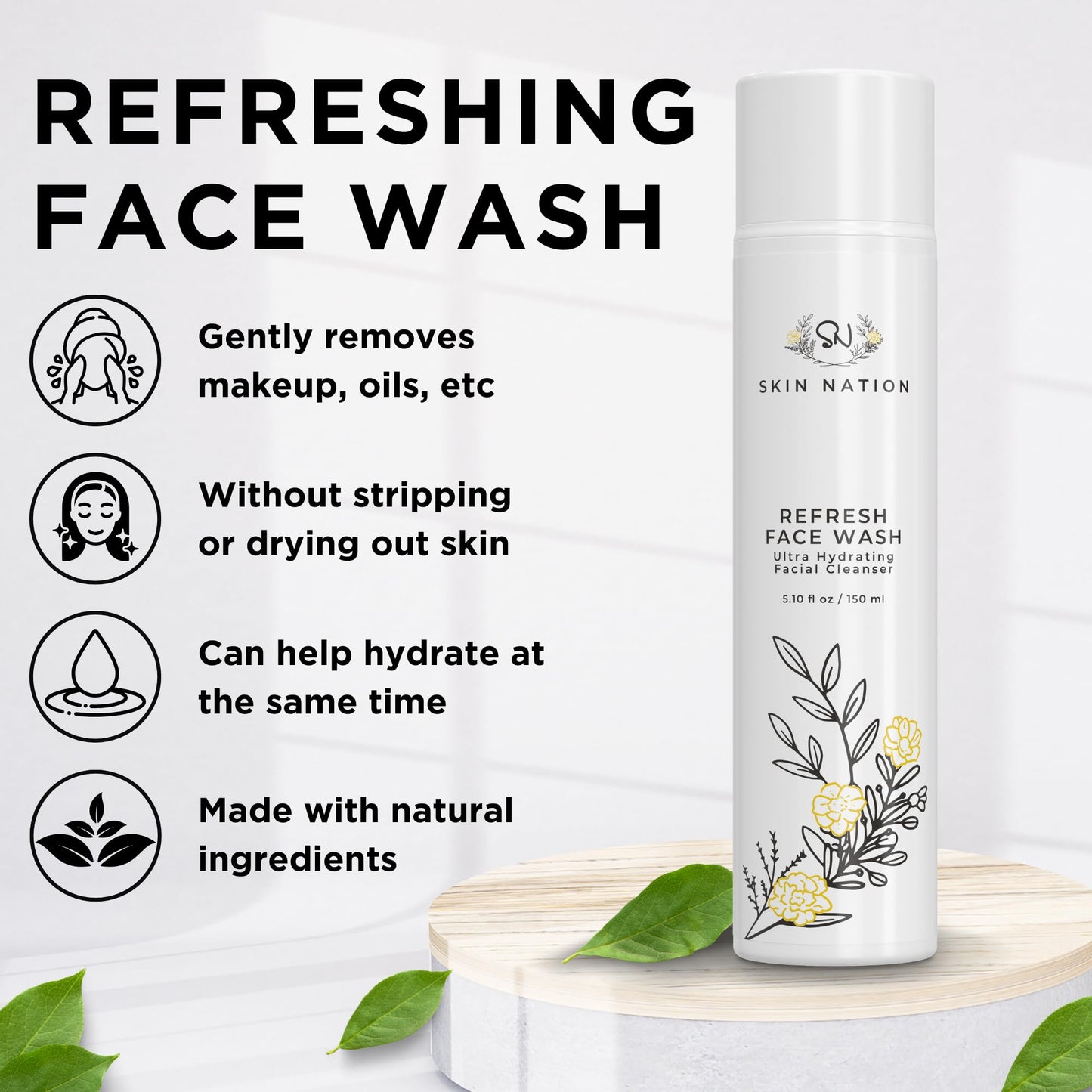 Skin Nation Hydrating Gentle Face Wash with Organic Aloe and Chamomile for Dry, Oily and Sensitive Skin, Paraben Free and Sulfate Free, 5.1 Fl Oz, Made in USA