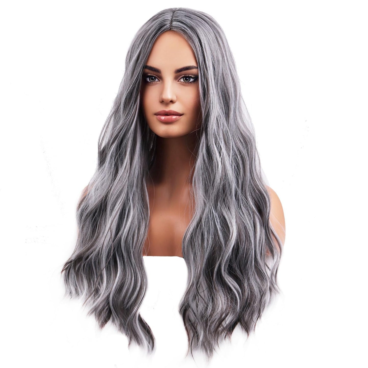 BERON Grey Wig Long Wavy Wigs Mix Gray Wigs for Women Highlight Silver Wavy Wigs Gray Long Curly Wig