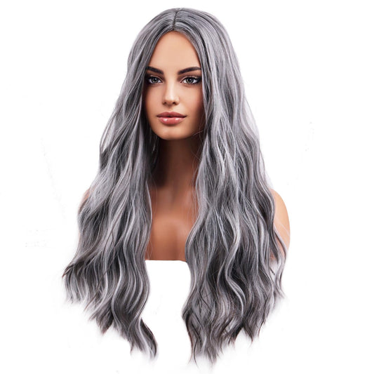 BERON Grey Wig Long Wavy Wigs Mix Gray Wigs for Women Highlight Silver Wavy Wigs Gray Long Curly Wig