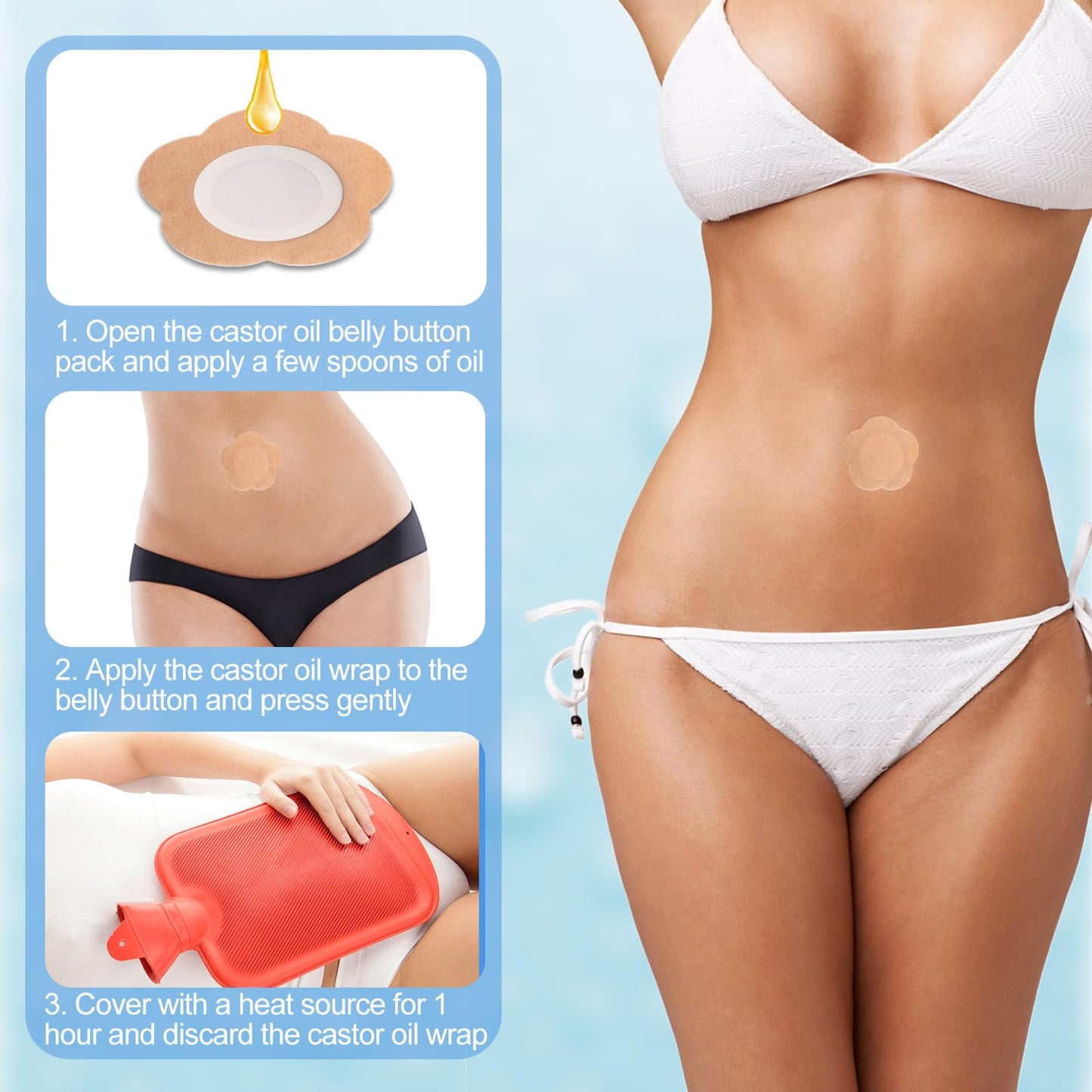 lasuroa 60 Pcs Plum Blossom Castor Oil Pack Wrap for Belly Button, Self-Adhesive Disposable Spunlace Cloth Castor Oil Belly Button Patch with Cotton, Oils Not Included (Skin Color)
