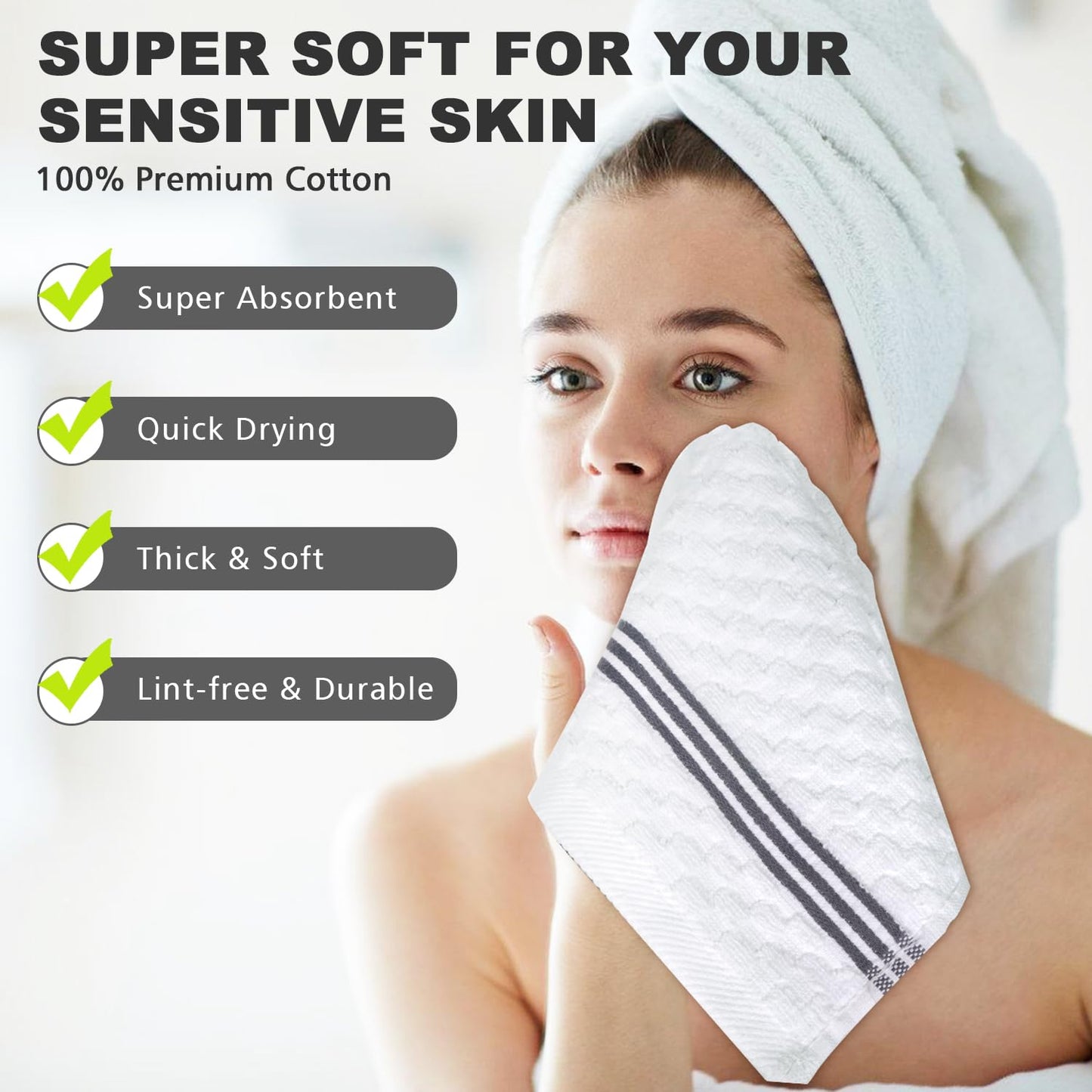 INFICRIME 4 Pack 100% Cotton Wash Cloth, 12x12 Inch Highly Absorbent and Soft Feel Fingertip Towels, Machine Washable Washcloths for Bathroom, Gym, Hotel, Spa and Kitchen, White/Grey