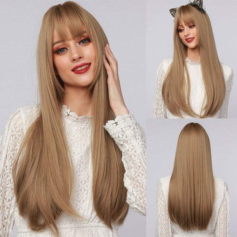EMMOR Blonde Wig With Bangs For Women Long Straight Wigs Barbie wig Synthetic For Girls Halloween Party Cosplay And Daily Use(26" Blonde)