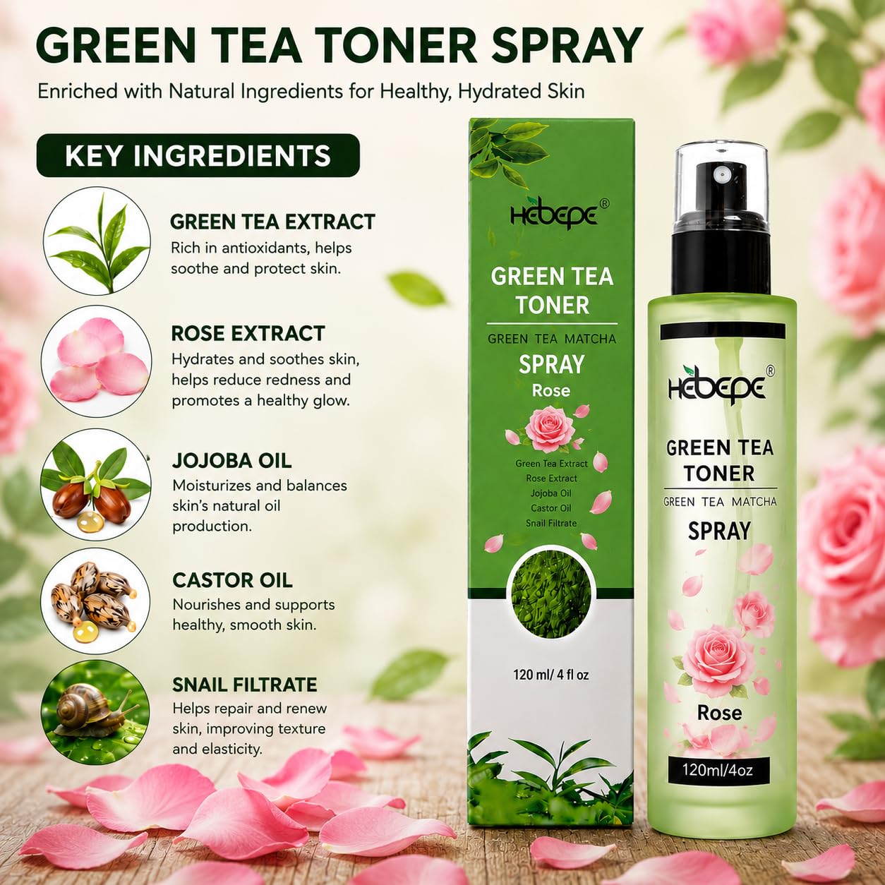 Hebepe Green Tea Matcha Facial Toner with Rose Petal, Refreshing, and Soothing Face Toner, with Rose Oil, Aloe Vera,120ml