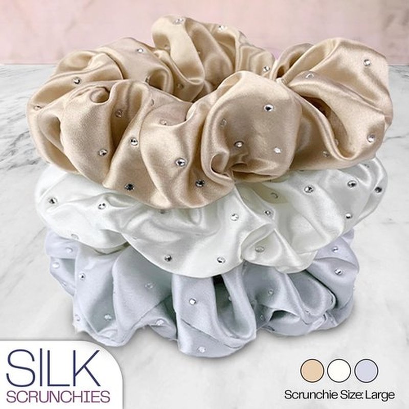 Celestial Silk Mulberry Silk Scrunchies for Hair (Silver, Taupe, Ivory with Rhinestones)