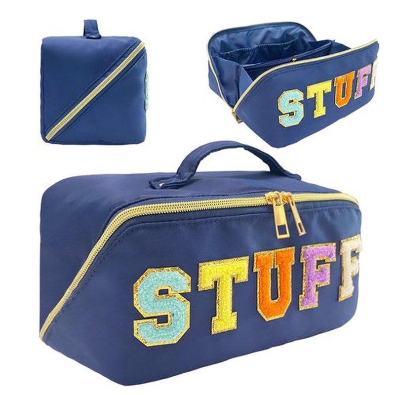 Stoney Clover Dupes Preppy Makeup Bag Blue Stoney Clover Stuff Bag for Travel Chenille Letter Bag Large Capacity Travel Cosmetic Bag Nylon Pouch Lay Flat Makeup Bag Open Flat Varsity Letter Bag