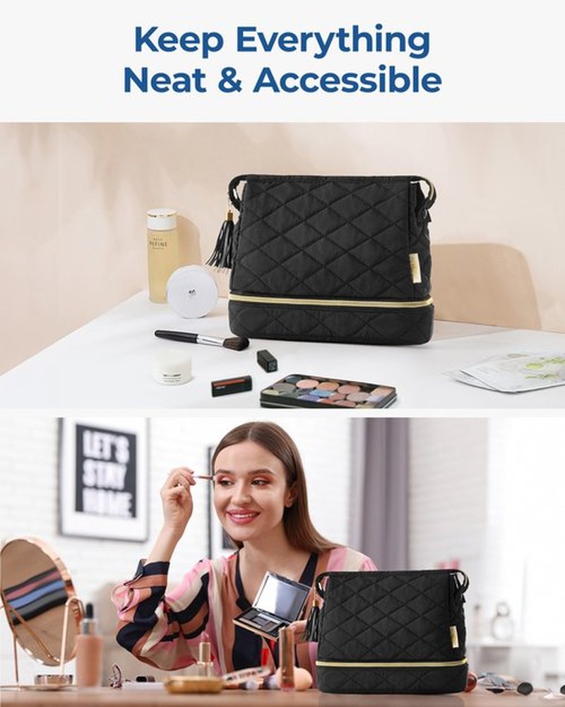 BAGSMART Makeup Bag Travel Cosmetic Bag,Puffy Make Up Bags for Women Double Layer Makeup Organizer Case,Wide-open Puffer Pouch for Purse Storage Travel Essentials Toiletries Accessories Brushes, Black