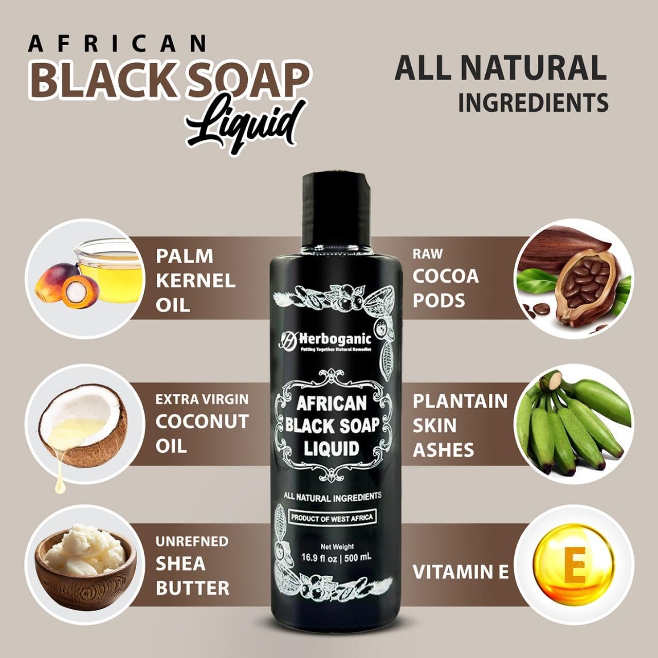 HERBOGANIC African Black Soap Liquid, Natural Liquid Soap From Ghana, Face & Body Wash Supports Moisturizing,Dry Skin, Scars and Dark Spots (16.9 fl oz)