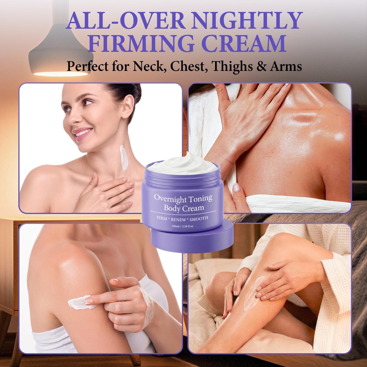 Bellisinno Overnight Toning Whip, Firming Body Cream to Help Improve the Appearance of Loose Skin and Uneven Texture on Belly, Booty, Arms and Thighs, Hydrating Whipped Formula, 3.38 Fl Oz