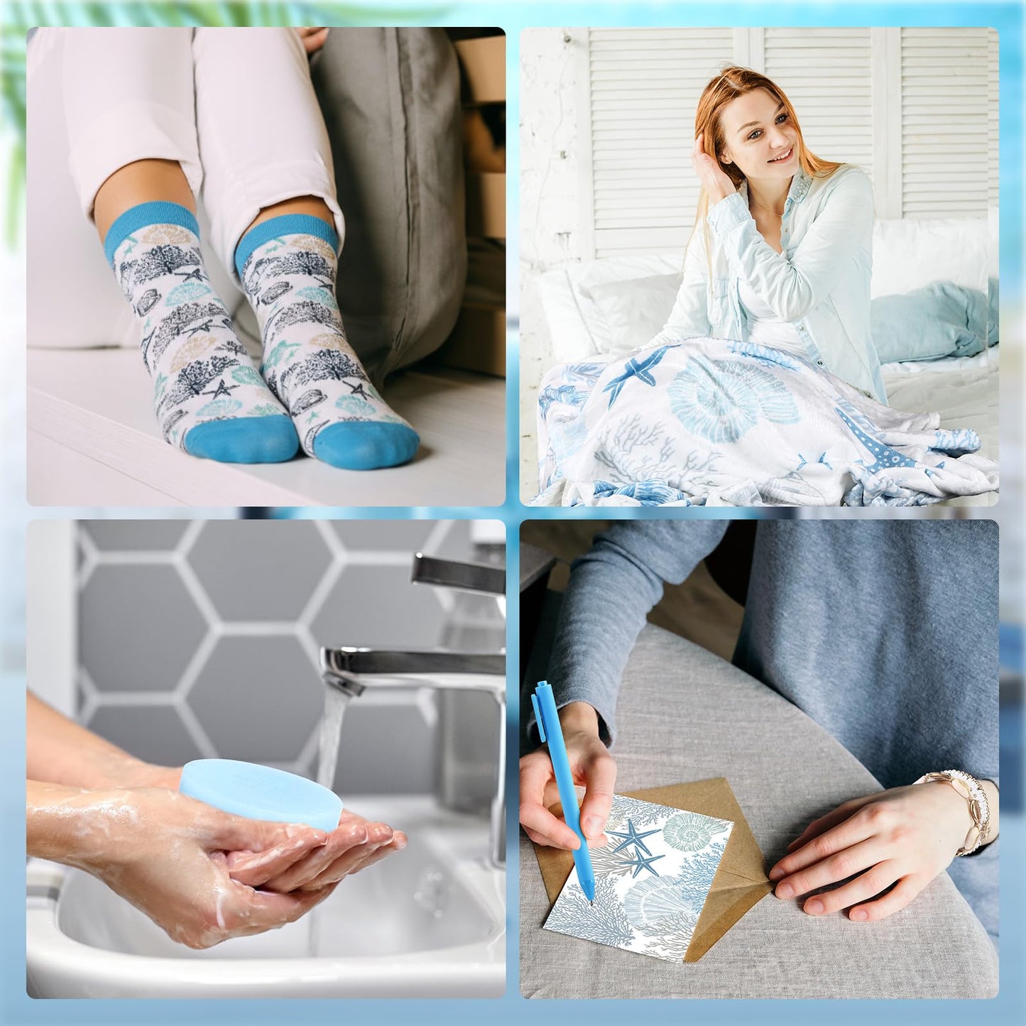 Acellegic Ocean Beach Birthday Gift Set for Women Throw Blanket 50 x 60 Inch Starfish Seashell Coral Themed Include Bracelet, Card, Pen, Soap, Glass Tumbler, Socks for Her Friend Mom Thinking of You