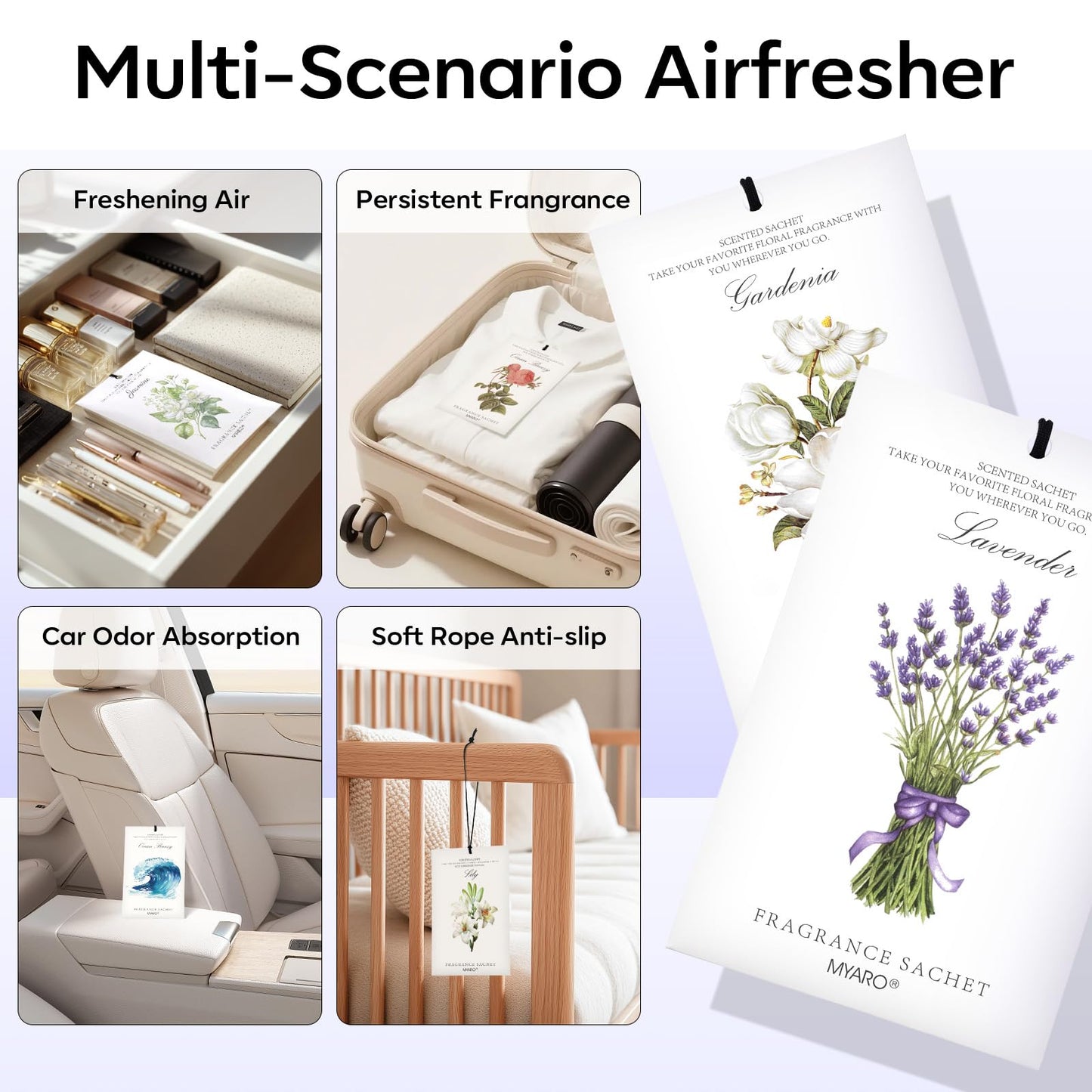 MYARO 12 Pack Assorted Floral Scented Sachets - Lavender, Rose, Jasmine, Ocean, Gardenia & Lily | Drawer, Closet & Car Air Freshener Bags | Multi-Scent Home Fragrance Gift Set