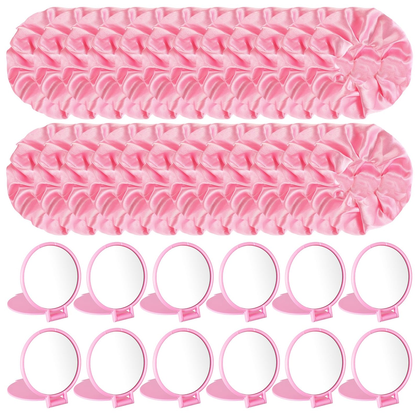 Norme 48 Pcs Mini Pink Compact Folding Mirror and Scrunchies Set for Women 24 Small Travel Round Pocket Makeup Mirror 24 Satin Hair Scrunchie for Graduation Party Favor Coworker Nurse Gift(Pink)
