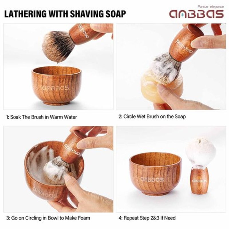 Anbbas 4in1 Shaving Set, Pure Badger Hair Shaving Brush Wood Handle and Large Soap Bowl,Stainless Steel Shaving Stand with 3.5OZ Natural Shaving Soap Puck Refill for Men