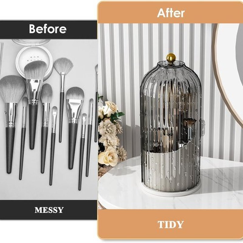 Zufudo Makeup Brush Holder Organizer with Lid 360° Rotating Makeup Organizer Countertop Dustproof Cosmetics Organizer for Vanity Bathroom, Grey White