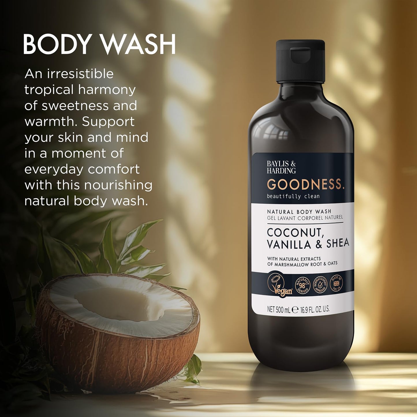 Baylis & Harding Goodness Coconut, Vanilla & Shea Natural Body Wash 16.9Fl.oz, Pack of 3 - Biodegradable Formula