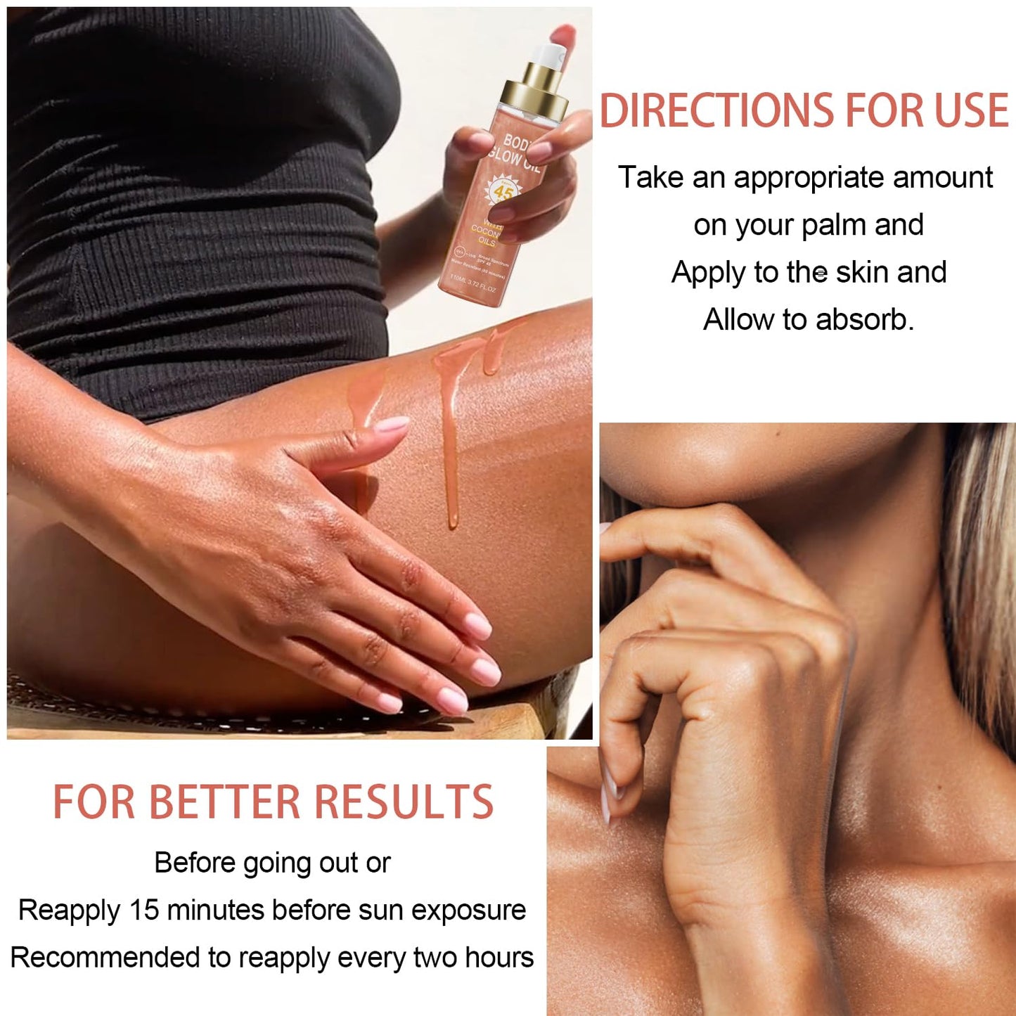 Body Glow Oil, Sunscreen Shimmer Oil, SPF 45 Broad Spectrum, Body Oil with with Coconut Oils, Moisturizing Glow for Face & Body, Liquid Illuminator Highlighter, Water Resistant, 3.72 fl oz (#02 ROSE)